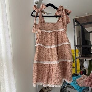 Pink Floral Tie-Shoulder Sundress with Lace Trim